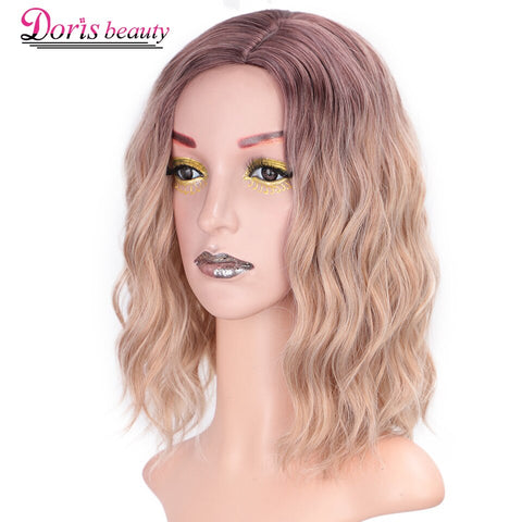 Doris BEAUTY Ombre Blonde Short Wig Water Wave Synthetic Wigs for Women Pink Purple Grey Red Black Cosplay Female False Hair