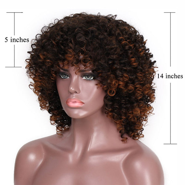 Doris Beauty Afro Kinky Curly Wig Ombre Brown with Bangs 14inch Synthetic Short Wig for Women Gray Red Black Pink Blonde Cospaly