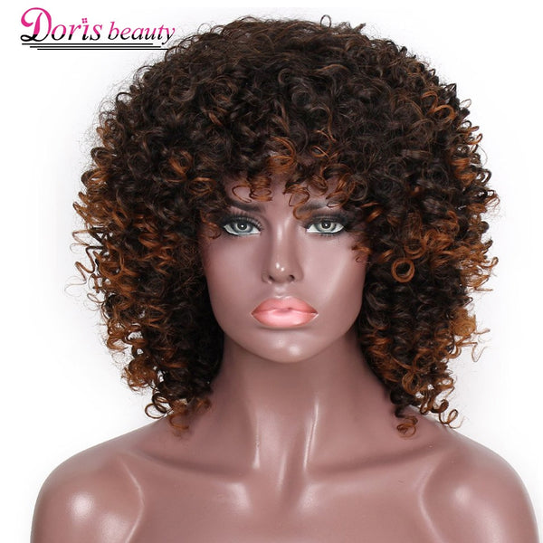 Doris Beauty Afro Kinky Curly Wig Ombre Brown with Bangs 14inch Synthetic Short Wig for Women Gray Red Black Pink Blonde Cospaly