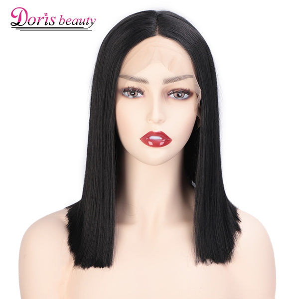 Doris Beauty Black Synthetic Lace Front Wig Short Straight Hair For Women Middle Part Cosplay Blunt Cut Bob Wigs