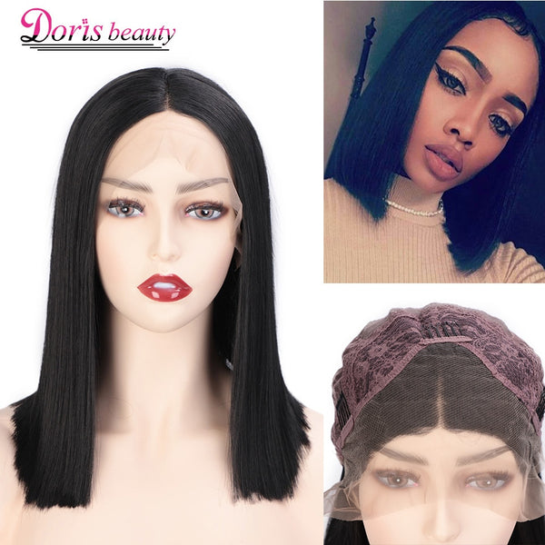 Doris Beauty Black Synthetic Lace Front Wig Short Straight Hair For Women Middle Part Cosplay Blunt Cut Bob Wigs