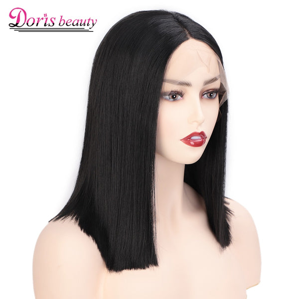 Doris Beauty Black Synthetic Lace Front Wig Short Straight Hair For Women Middle Part Cosplay Blunt Cut Bob Wigs