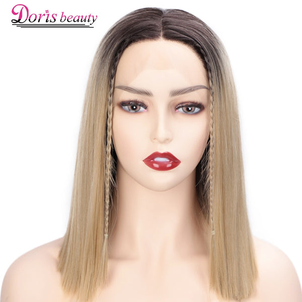 Doris Beauty Ombre Blonde Front Lace Wigs Short Straight Synthetic Wig for Women Middle Part Cosplay Blunt Cut Bob Wigs