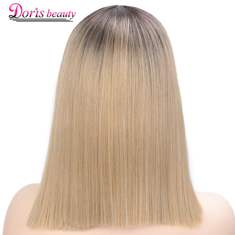 Doris Beauty Ombre Blonde Front Lace Wigs Short Straight Synthetic Wig for Women Middle Part Cosplay Blunt Cut Bob Wigs