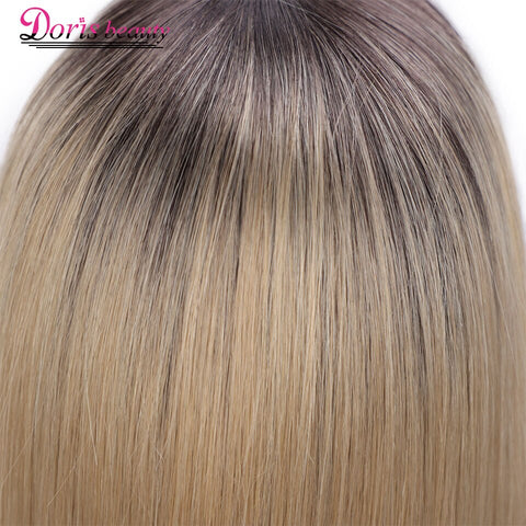 Doris Beauty Ombre Blonde Front Lace Wigs Short Straight Synthetic Wig for Women Middle Part Cosplay Blunt Cut Bob Wigs