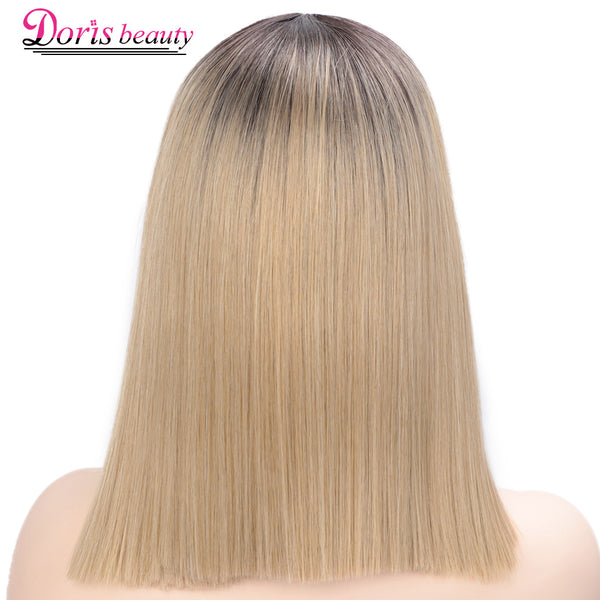 Doris Beauty Ombre Blonde Front Lace Wigs Short Straight Synthetic Wig for Women Middle Part Cosplay Blunt Cut Bob Wigs
