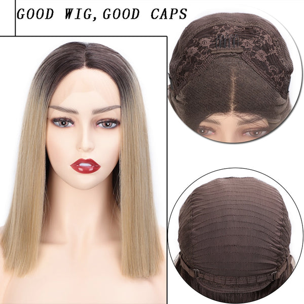 Doris Beauty Ombre Blonde Front Lace Wigs Short Straight Synthetic Wig for Women Middle Part Cosplay Blunt Cut Bob Wigs