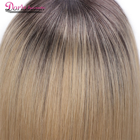 Doris Beauty Ombre Blonde Front Lace Wigs Short Straight Synthetic Wig for Women Middle Part Cosplay Blunt Cut Bob Wigs