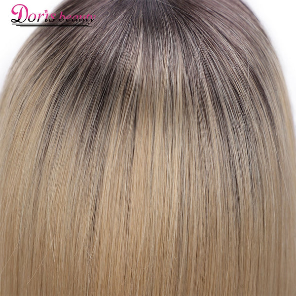Doris Beauty Ombre Blonde Front Lace Wigs Short Straight Synthetic Wig for Women Middle Part Cosplay Blunt Cut Bob Wigs