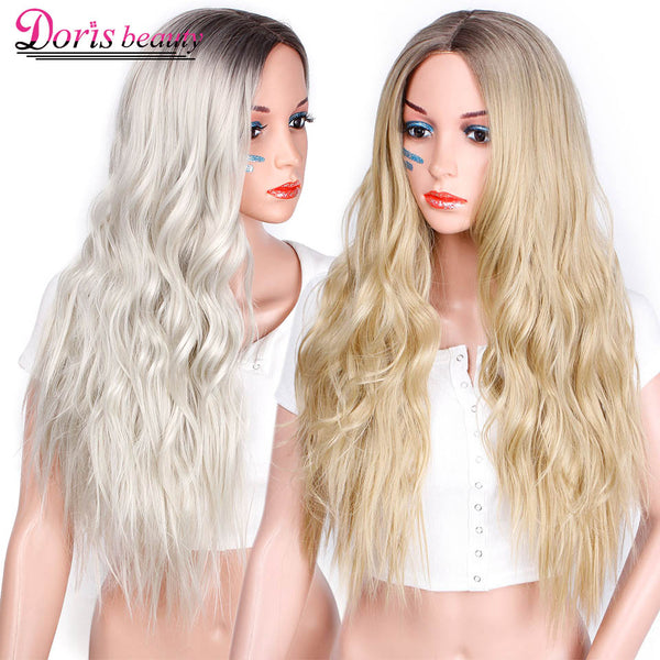 Doris Beauty Ombre Long Wavy Platinum Blonde Wig Synthetic Wigs for Women Cosplay Blond Color Glueless Hair