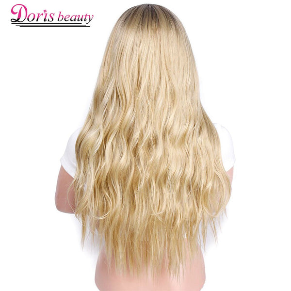 Doris Beauty Ombre Long Wavy Platinum Blonde Wig Synthetic Wigs for Women Cosplay Blond Color Glueless Hair