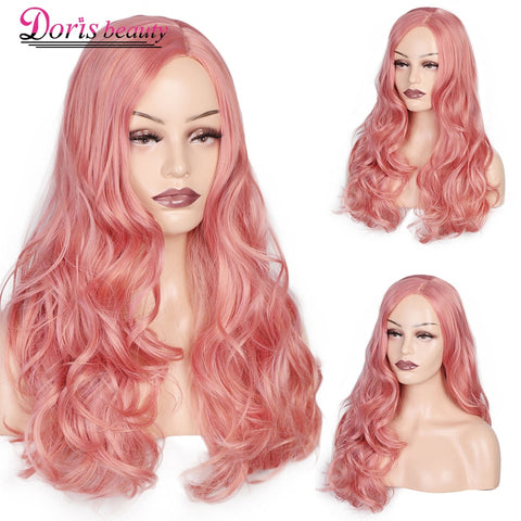 Doris Beauty Synthetic Long Wavy Wig Side Part Pink Hair for Women Black Pink Red Wave Ladies Natural Heat Resistant Fiber