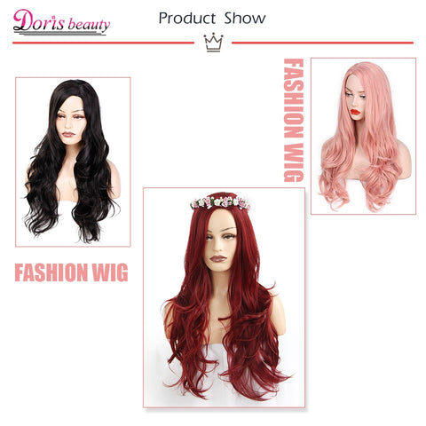 Doris Beauty Synthetic Long Wavy Wig Side Part Pink Hair for Women Black Pink Red Wave Ladies Natural Heat Resistant Fiber