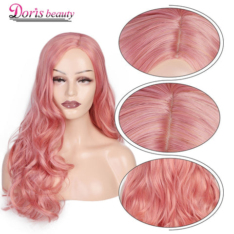 Doris Beauty Synthetic Long Wavy Wig Side Part Pink Hair for Women Black Pink Red Wave Ladies Natural Heat Resistant Fiber