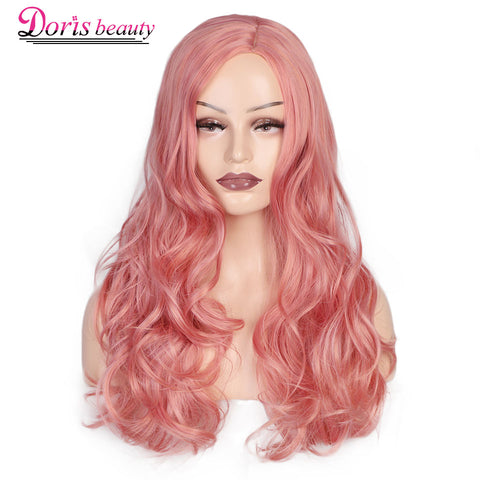 Doris Beauty Synthetic Long Wavy Wig Side Part Pink Hair for Women Black Pink Red Wave Ladies Natural Heat Resistant Fiber