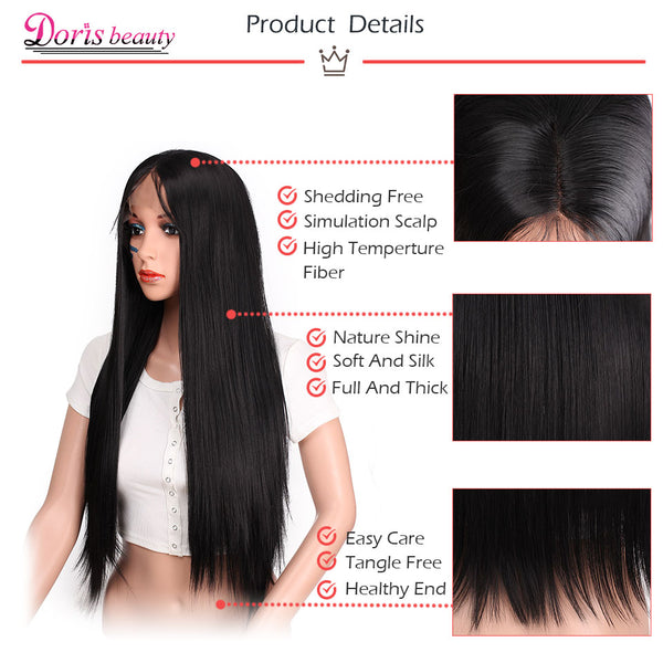 Doris beauty 26 inches Long Black Lace Front Wig Synthetic with Baby Hair Straight Wigs for Women Heat Resistant Pink