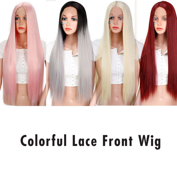 Doris beauty 26 inches Long Black Lace Front Wig Synthetic with Baby Hair Straight Wigs for Women Heat Resistant Pink