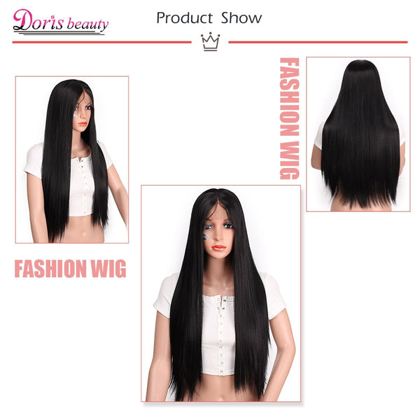 Doris beauty 26 inches Long Black Lace Front Wig Synthetic with Baby Hair Straight Wigs for Women Heat Resistant Pink