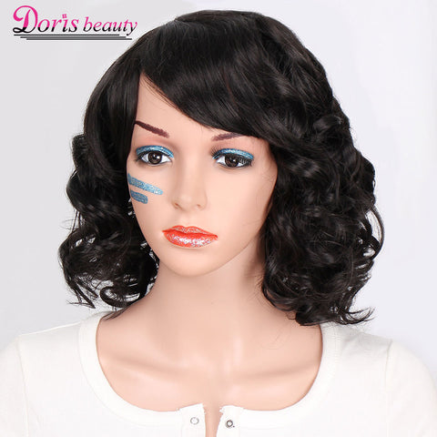 Doris beauty Black Synthetic Short Wigs for Women with Bangs Wavy Short Wig Heat Resistant Fiber Red Cosplay