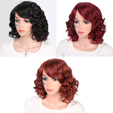 Doris beauty Black Synthetic Short Wigs for Women with Bangs Wavy Short Wig Heat Resistant Fiber Red Cosplay