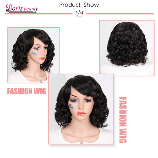 Doris beauty Black Synthetic Short Wigs for Women with Bangs Wavy Short Wig Heat Resistant Fiber Red Cosplay