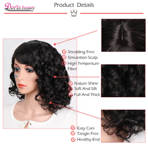Doris beauty Black Synthetic Short Wigs for Women with Bangs Wavy Short Wig Heat Resistant Fiber Red Cosplay