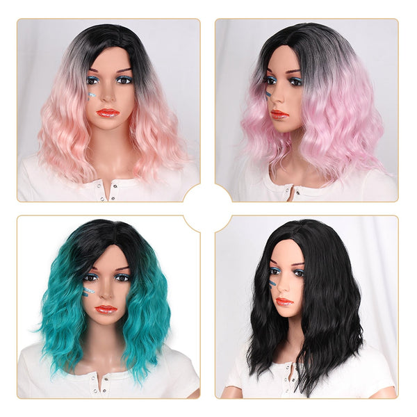 Doris beauty Ombre Red Color Synthetic Short Wigs For Women Water Wave Fluffy Hair Black Orange Green Cosplay