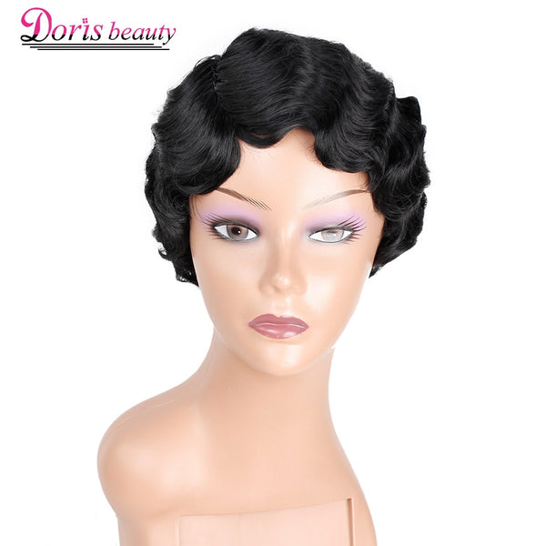 Doris beauty Ombre Short Curly Black Cute Wigs for Women African Afro Hair Synthetic Red Brown Heat Resistant