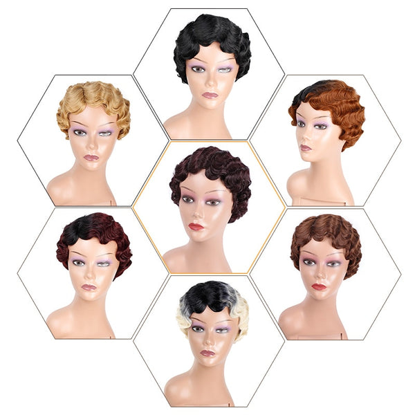 Doris beauty Ombre Short Curly Black Cute Wigs for Women African Afro Hair Synthetic Red Brown Heat Resistant