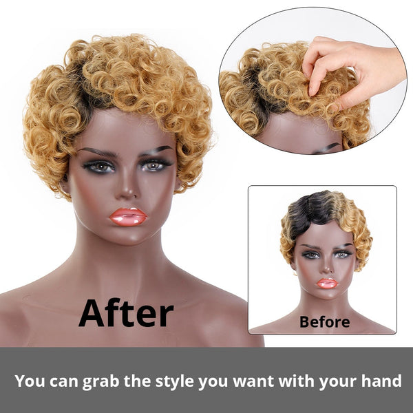 Doris beauty Ombre Short Curly Black Cute Wigs for Women African Afro Hair Synthetic Red Brown Heat Resistant
