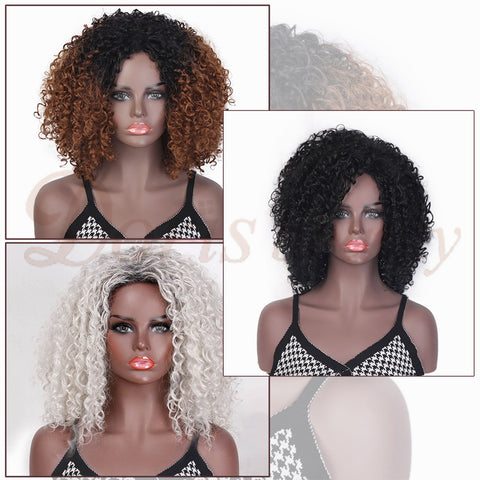 Doris beauty Short Synthetic Afro Curly Wig Ombre Brown Black Wigs for Women Cosplay Natural Gray Black Wig Heat Resistant Fiber