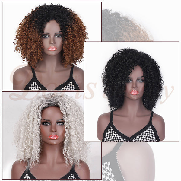 Doris beauty Short Synthetic Afro Curly Wig Ombre Brown Black Wigs for Women Cosplay Natural Gray Black Wig Heat Resistant Fiber