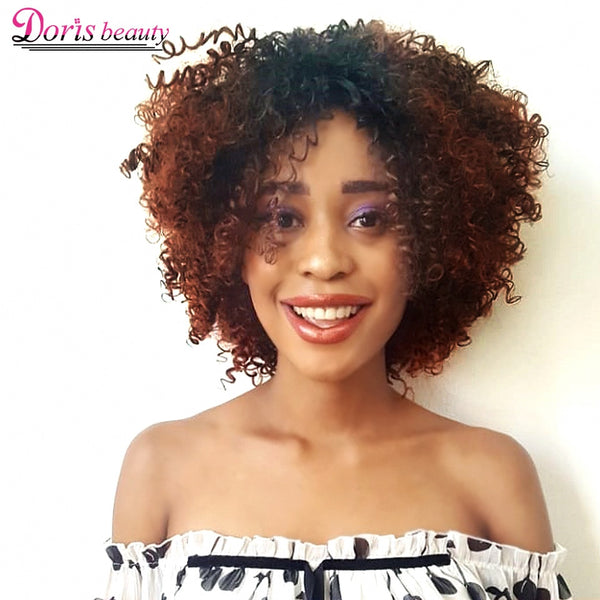 Doris beauty Synthetic Short Afro Kinky Curly Wigs for Black Women Ombre Black Brown Grey Natural African American
