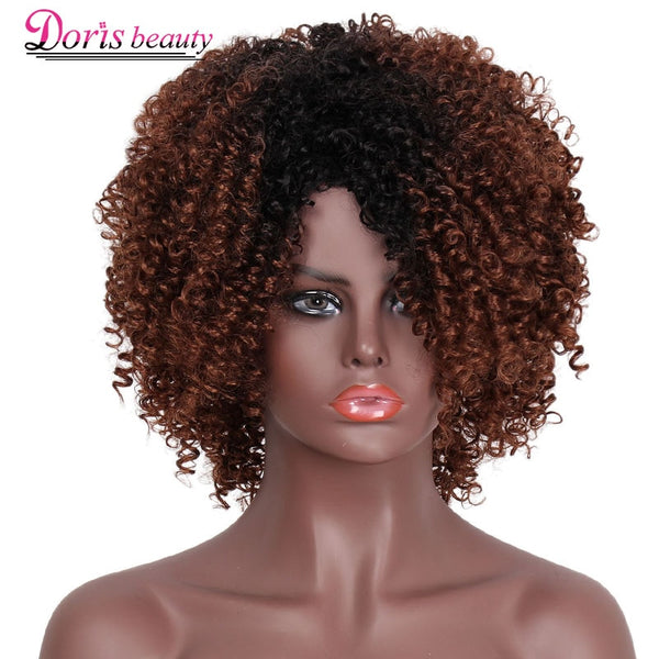 Doris beauty Synthetic Short Afro Kinky Curly Wigs for Black Women Ombre Black Brown Grey Natural African American