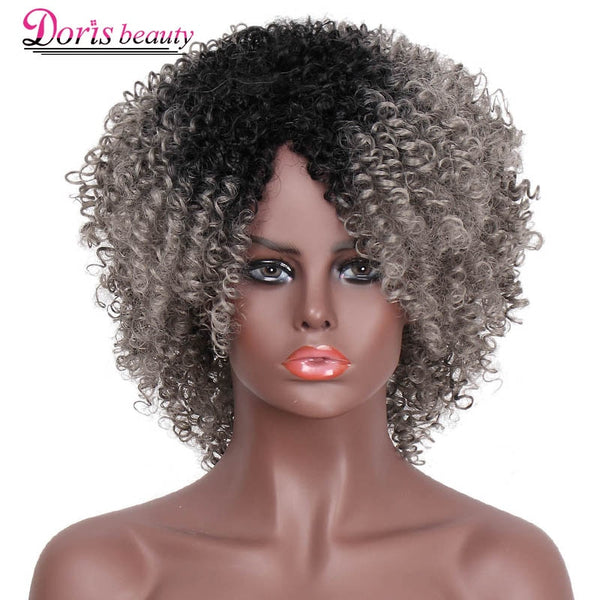 Doris beauty Synthetic Short Afro Kinky Curly Wigs for Black Women Ombre Black Brown Grey Natural African American