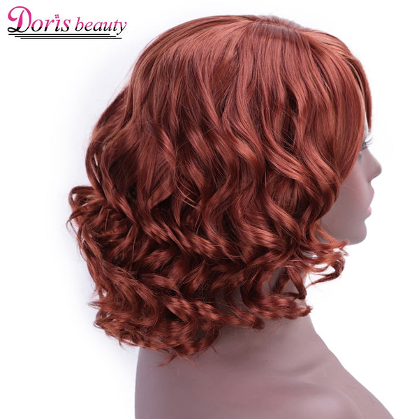 Doris beauty Synthetic Short Wigs for Women with Bangs Black Wavy Red Natural African American Cosplay Heat Resistant