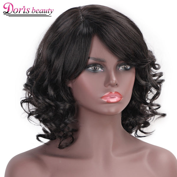 Doris beauty Synthetic Short Wigs for Women with Bangs Black Wavy Red Natural African American Cosplay Heat Resistant