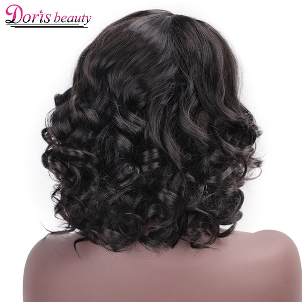 Doris beauty Synthetic Short Wigs for Women with Bangs Black Wavy Red Natural African American Cosplay Heat Resistant