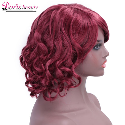 Doris beauty Synthetic Short Wigs for Women with Bangs Black Wavy Red Natural African American Cosplay Heat Resistant
