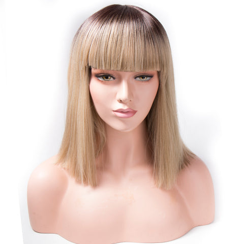 Kanekalon Synthetic Hair Wigs Yaki Straight Blonde Wig Bangs Short Bob Wigs