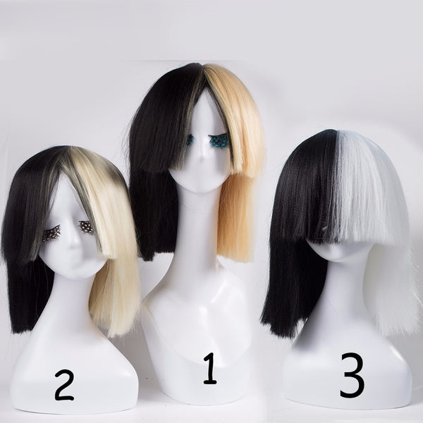 Blonde Sia wig Thick Blunt Bob Wig  Half Blonde and Black 2 Tone Cosplay Costume Wig