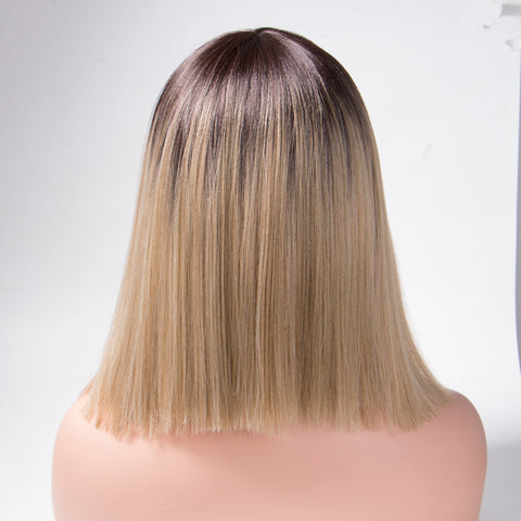 Kanekalon Synthetic Hair Wigs Yaki Straight Blonde Wig Bangs Short Bob Wigs