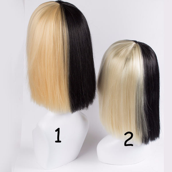 Blonde Sia wig Thick Blunt Bob Wig  Half Blonde and Black 2 Tone Cosplay Costume Wig