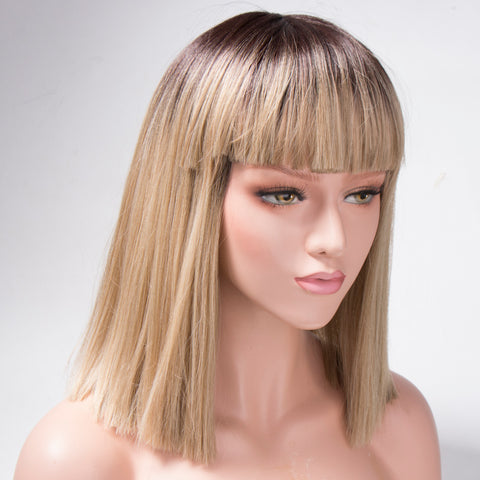 Kanekalon Synthetic Hair Wigs Yaki Straight Blonde Wig Bangs Short Bob Wigs