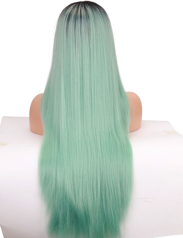 Qp Hair 1B Green Two Tone Color Synthetic Lace Front Wig for Women Long Silky Straight Heat Friendly Fiber Hair Cosplay Party Wig