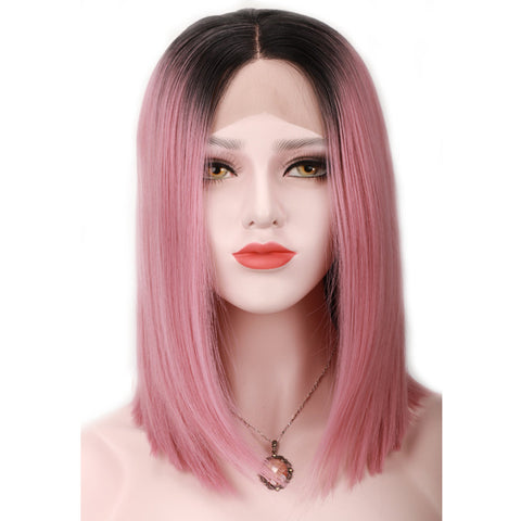 Qp Hair Black Ombre Pink Straight Bob Synthetic Lace Front Wigs For Women High Temperature Short Hairstyles Natural Afro Wigs