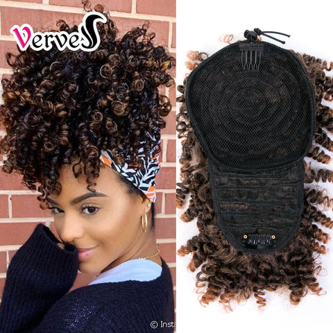 Qp hairHigh Puff Afro Kinky Curly Synthetic Ponytail with Bangs Ponytail Hair Extension Drawstring Short Afro Pony Tail Clip in