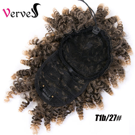 Qp hairHigh Puff Afro Kinky Curly Synthetic Ponytail with Bangs Ponytail Hair Extension Drawstring Short Afro Pony Tail Clip in