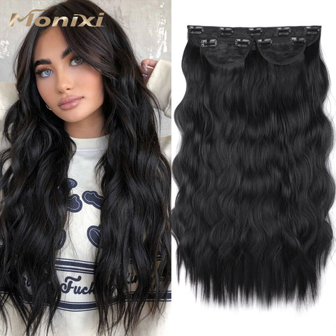 Qp hairMONIXI 3Pcs/Set Synthetic Hair Extensions Long Wavy Clip In Hair Extensions Natural black Dark Brown Heat Resistant Hair