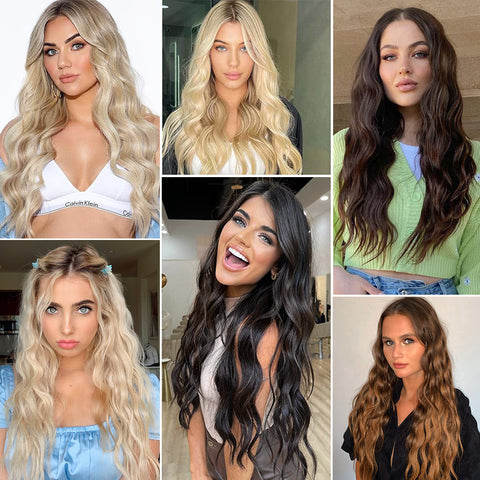 Qp hairMONIXI 3Pcs/Set Synthetic Hair Extensions Long Wavy Clip In Hair Extensions Natural black Dark Brown Heat Resistant Hair